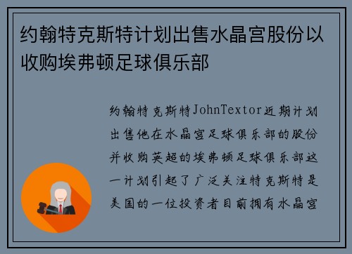 约翰特克斯特计划出售水晶宫股份以收购埃弗顿足球俱乐部