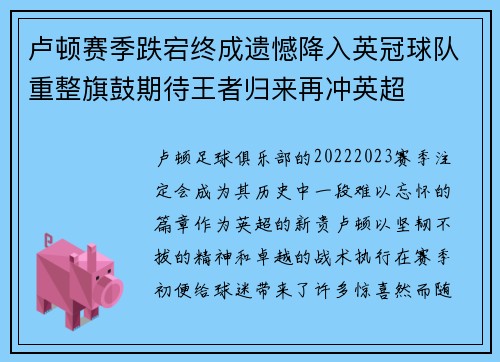 卢顿赛季跌宕终成遗憾降入英冠球队重整旗鼓期待王者归来再冲英超 卢顿赛季跌宕终成遗憾降入英冠球队重整旗鼓期待王者归来再冲英超